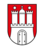 Wappen der Freien und Hansestadt Hamburg mit weißer Burg, drei Türmen und Tor auf rotem Schild, darüber zwei Sterne.