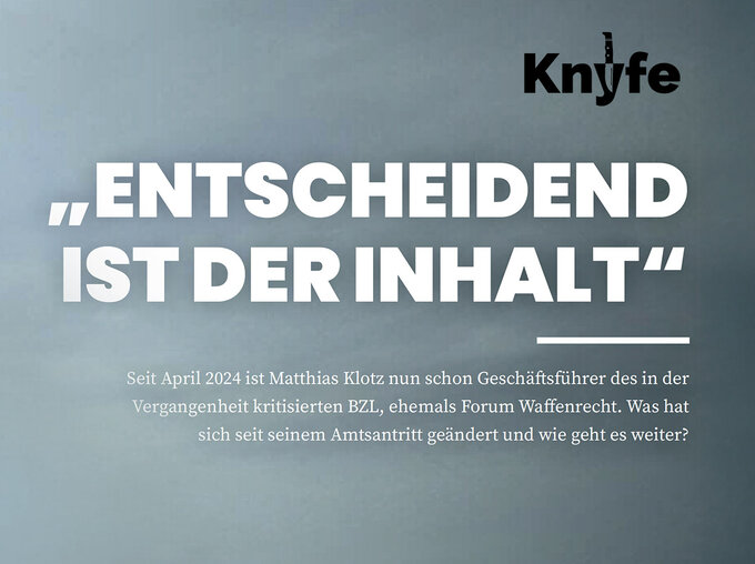 Grafische Titelfolie mit der Überschrift „Entscheidend ist der Inhalt“ vor graublauem Hintergrund; darunter erklärender Text zu Matthias Klotz als Geschäftsführer des BZL seit April 2024 sowie Logo „Knyfe“ oben rechts.