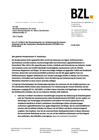 Offener Brief des Bundesverbands zivile Legalwaffen e. V. (BZL) an Bundesjustizminister Marco Buschmann zur geplanten Verschärfung des Waffenrechts im Rahmen des Gesetzes zur Verbesserung der inneren Sicherheit und des Asylsystems.